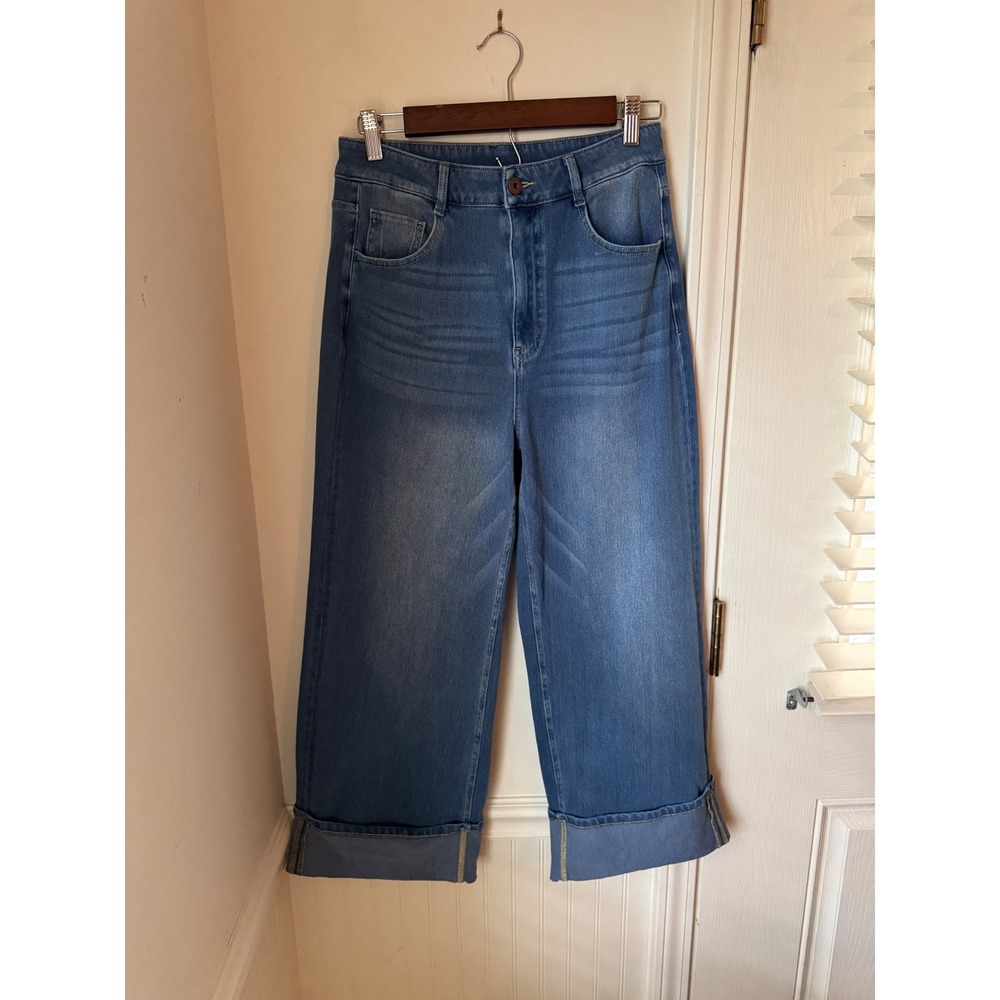 Halara Petite High Waisted Wide Leg Cuffed Jeans Medium Wash Blue Size M